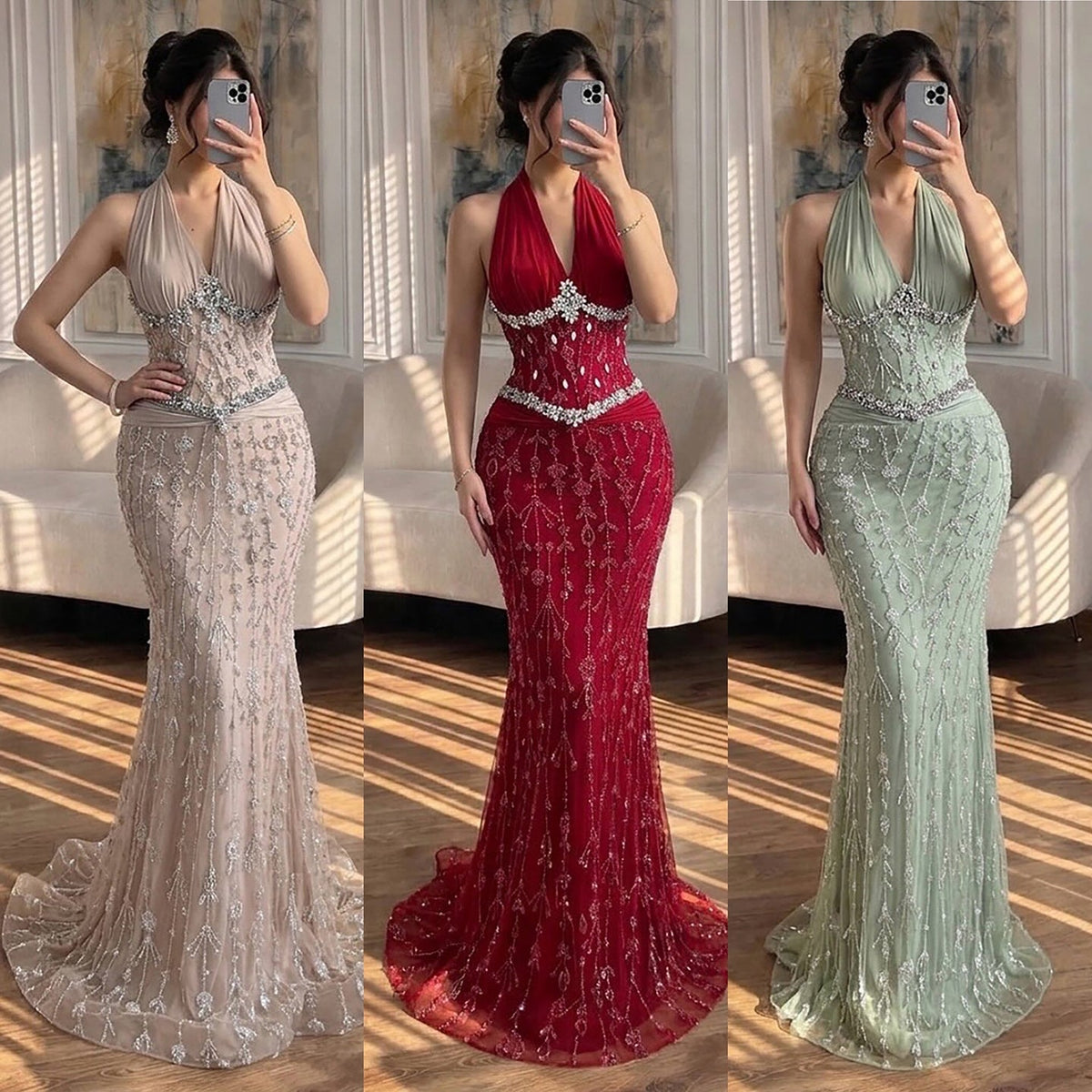Halter Neck Nude Crystal Beaded Mermaid Evening Dress LA73635