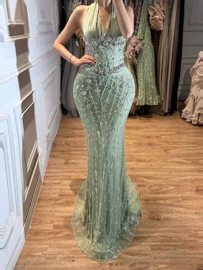 Halter Neck Nude Crystal Beaded Mermaid Evening Dress LA73635