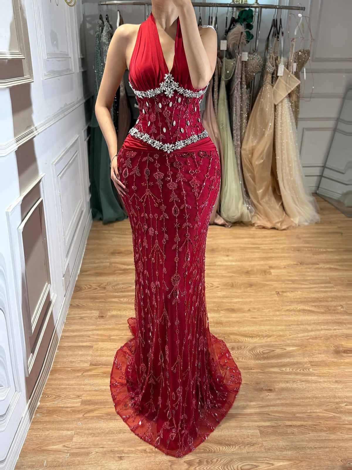 Halter Neck Nude Crystal Beaded Mermaid Evening Dress LA73635