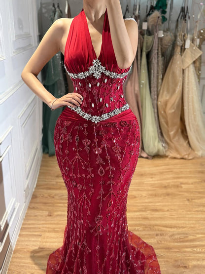Halter Neck Nude Crystal Beaded Mermaid Evening Dress LA73635