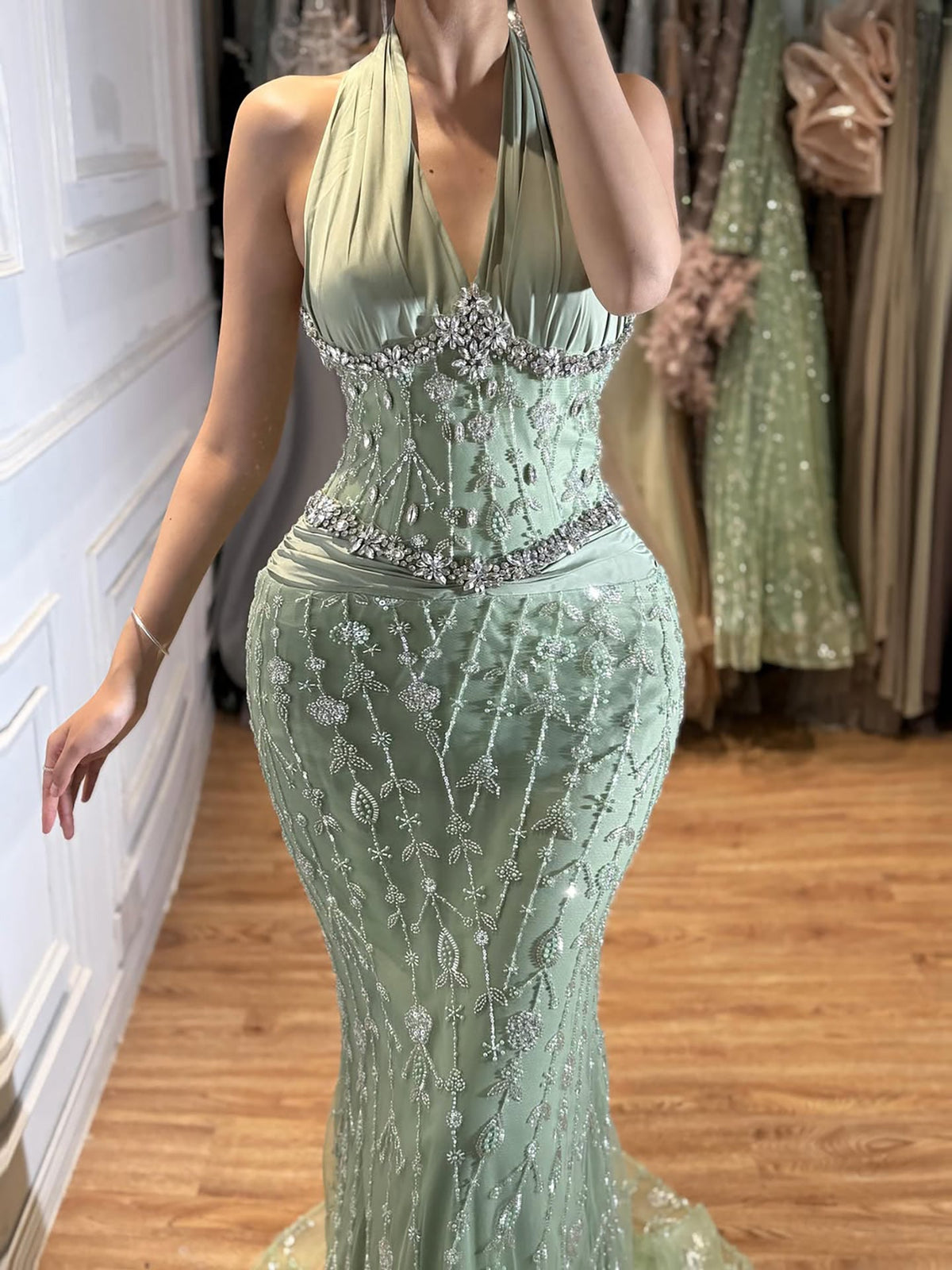 Halter Neck Nude Crystal Beaded Mermaid Evening Dress LA73635