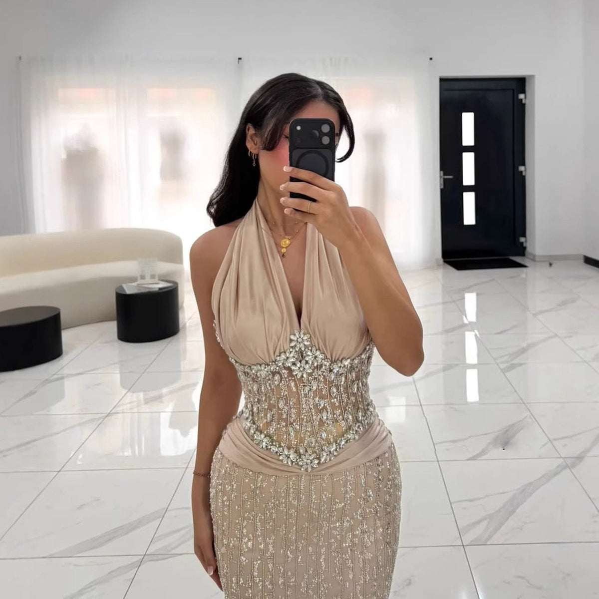 Halter Neck Nude Crystal Beaded Mermaid Evening Dress LA73635