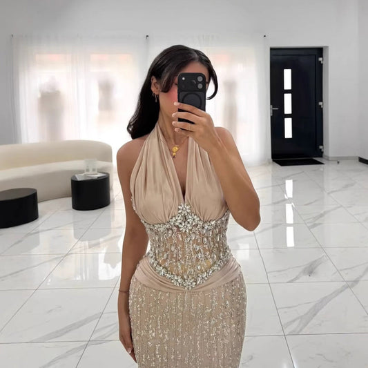 Halter Neck Nude Crystal Beaded Mermaid Evening Dress LA73635