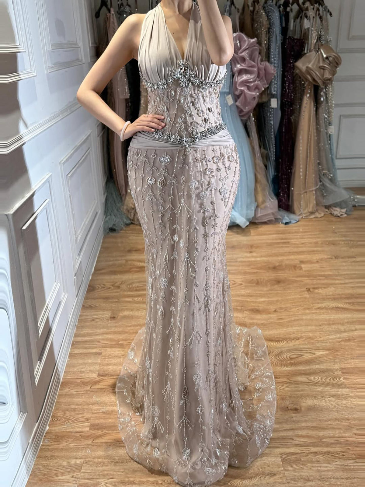 Halter Neck Nude Crystal Beaded Mermaid Evening Dress LA73635