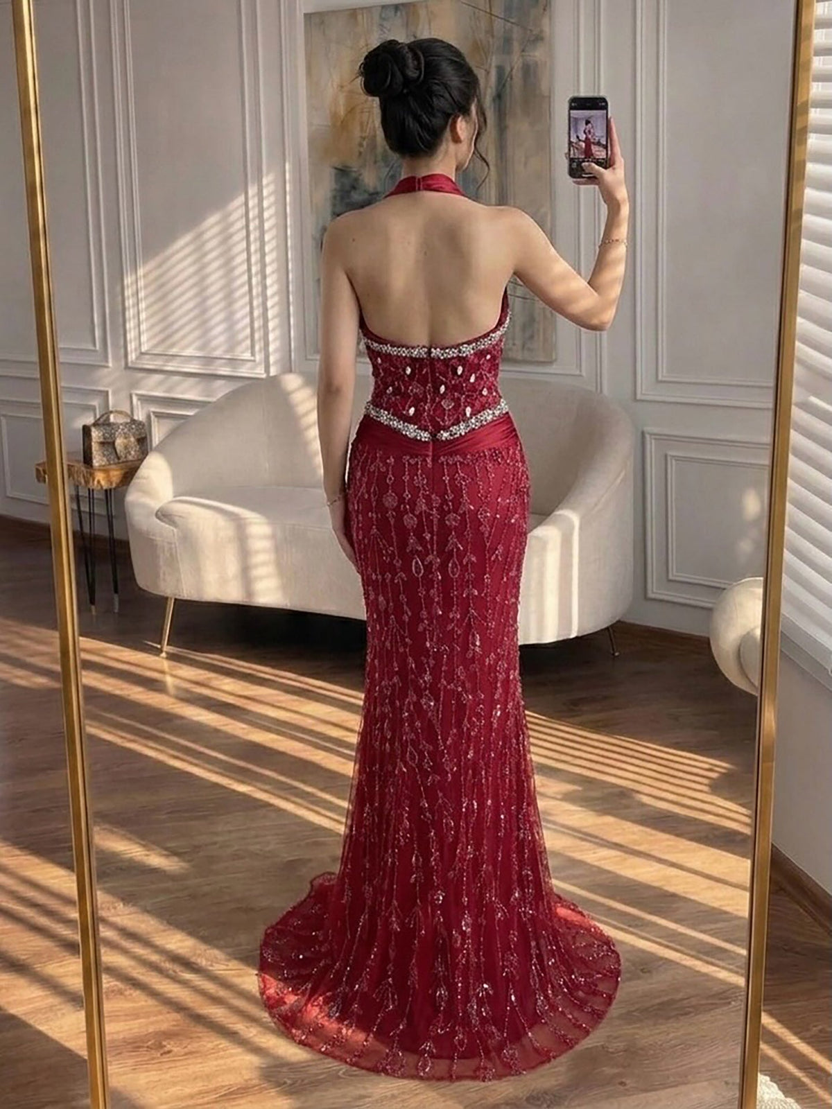 Halter Neck Nude Crystal Beaded Mermaid Evening Dress LA73635