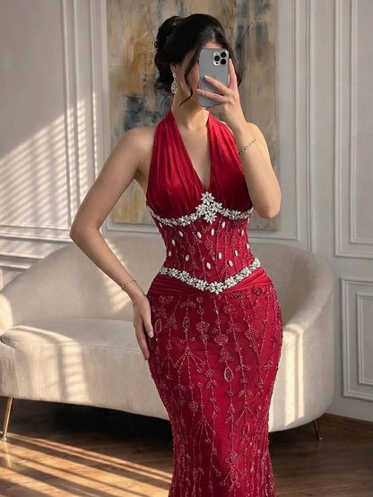 Halter Neck Nude Crystal Beaded Mermaid Evening Dress LA73635