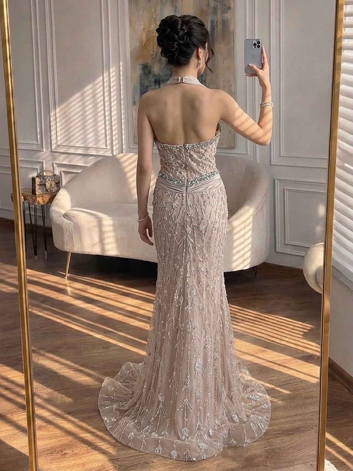 Halter Neck Nude Crystal Beaded Mermaid Evening Dress LA73635