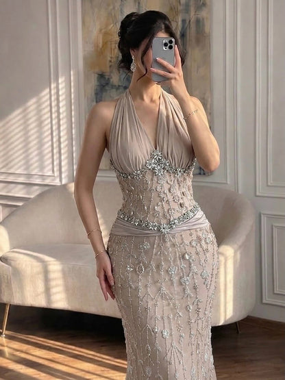 Halter Neck Nude Crystal Beaded Mermaid Evening Dress LA73635
