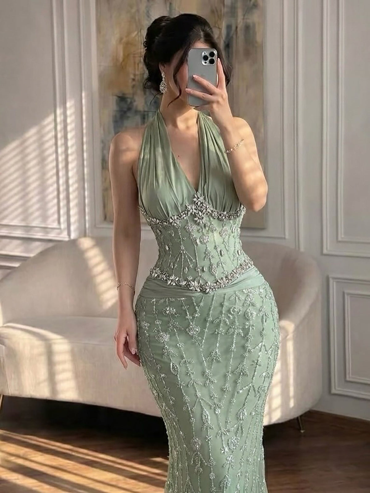 Halter Neck Nude Crystal Beaded Mermaid Evening Dress LA73635