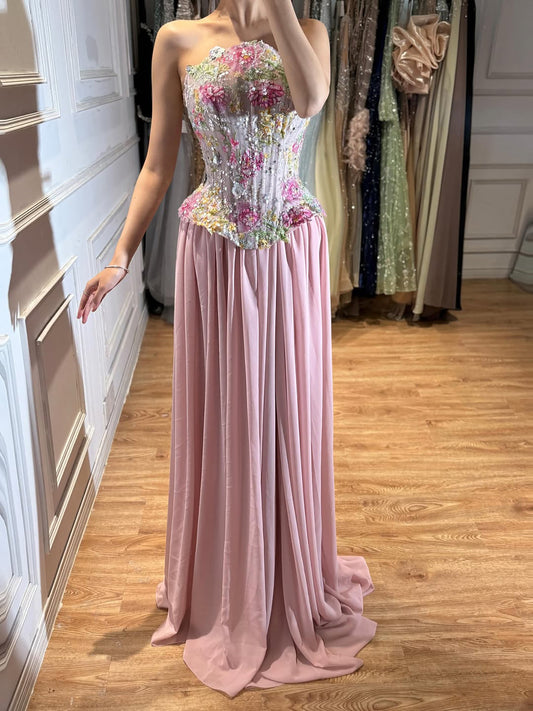 Elegant Pink Appliques Beaded Corset Strapless Evening Dress LA73642