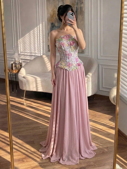 Elegant Pink Appliques Beaded Corset Strapless Evening Dress LA73642