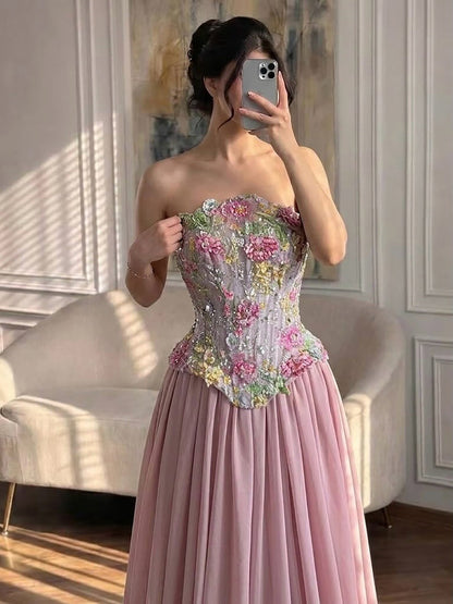 Elegant Pink Appliques Beaded Corset Strapless Evening Dress LA73642