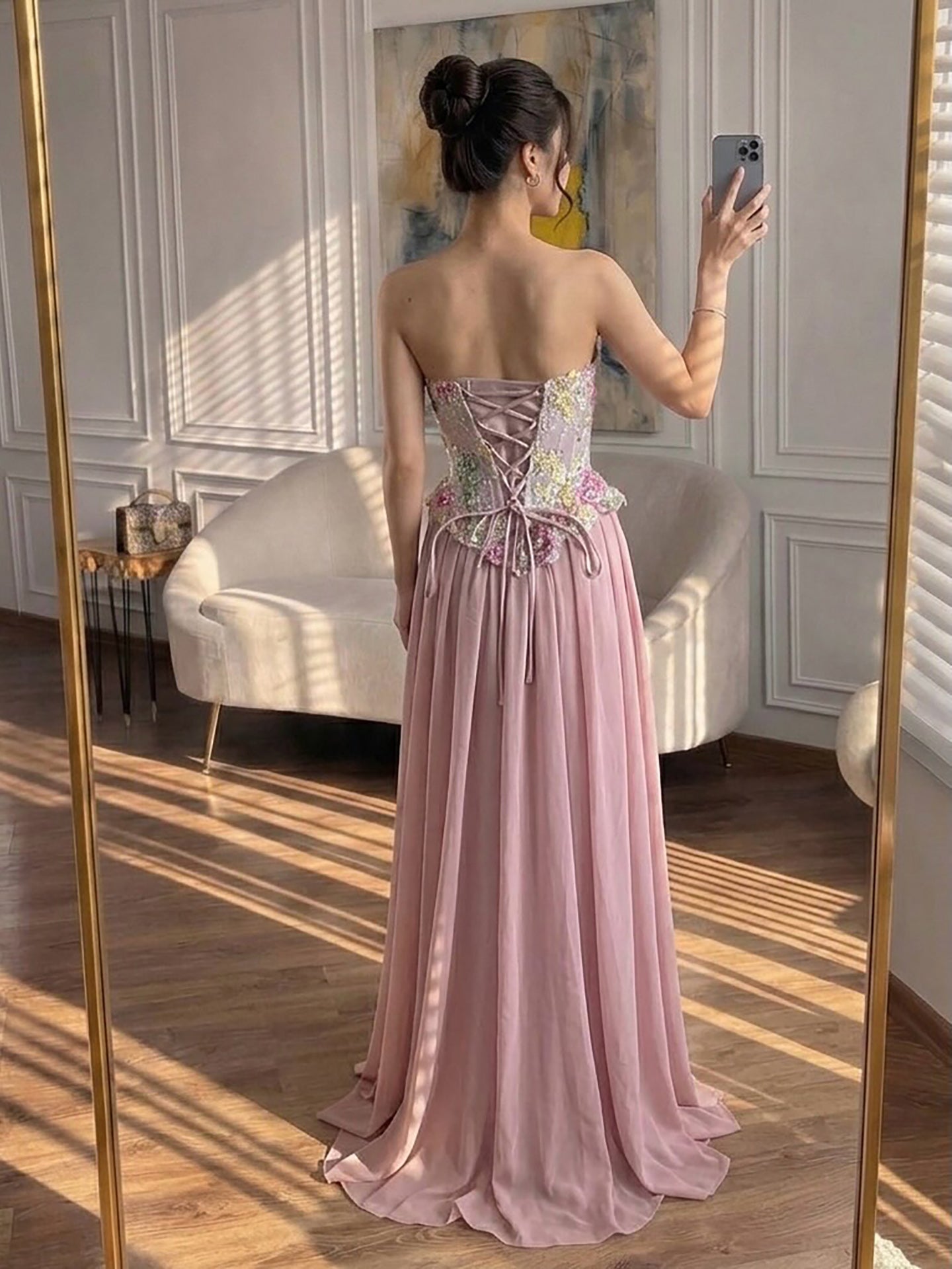 Elegant Pink Appliques Beaded Corset Strapless Evening Dress LA73642
