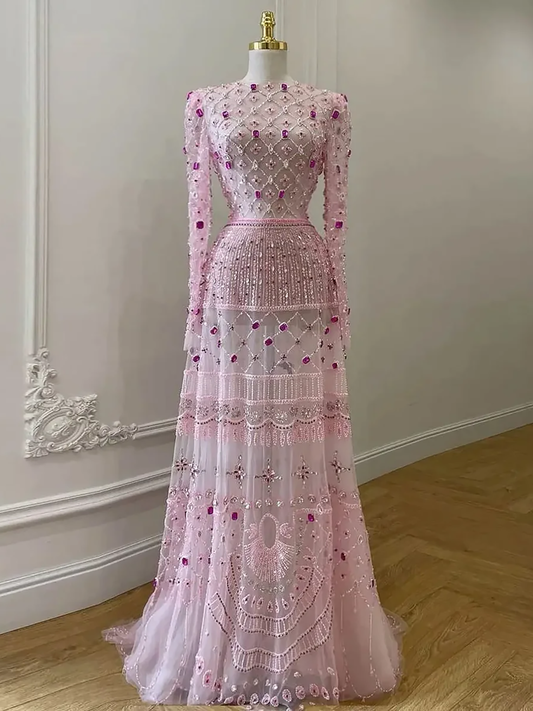 Luxury Pink Beaded Long Sleeve Geometric Evening Dress LA73658