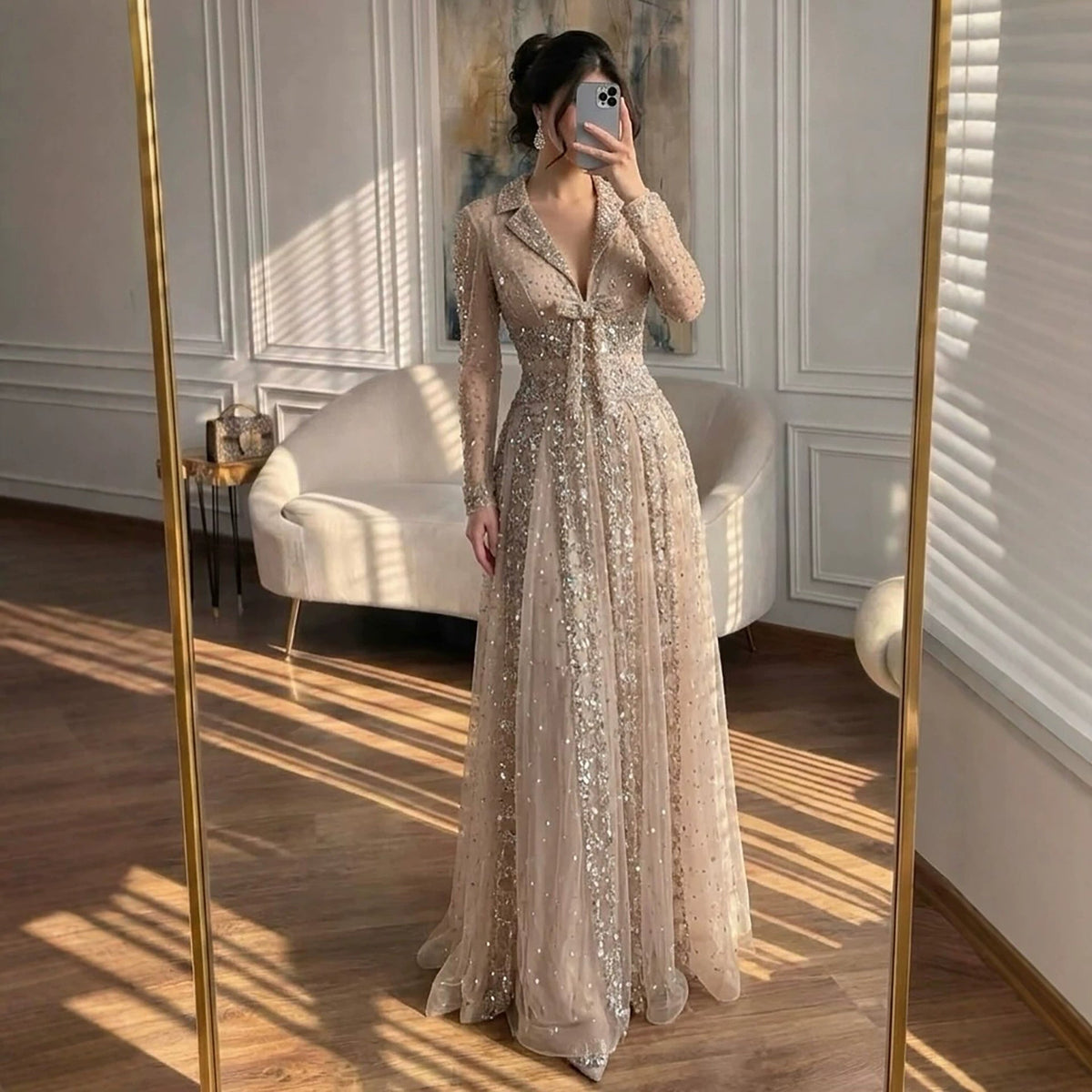 Luxury Caramel V Neck Beaded Bow A Line Evening Gown LA73663