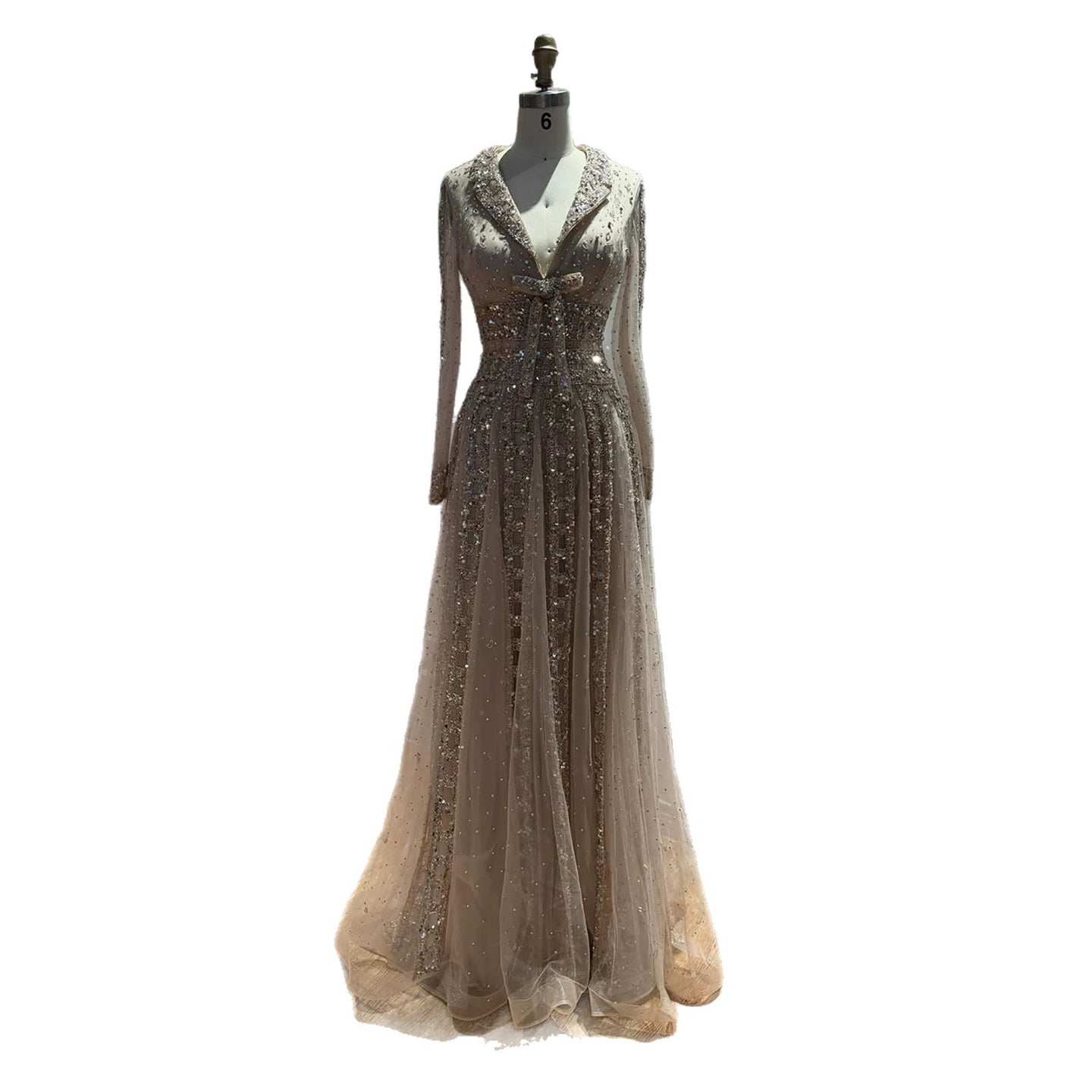 Luxury Caramel V Neck Beaded Bow A Line Evening Gown LA73663