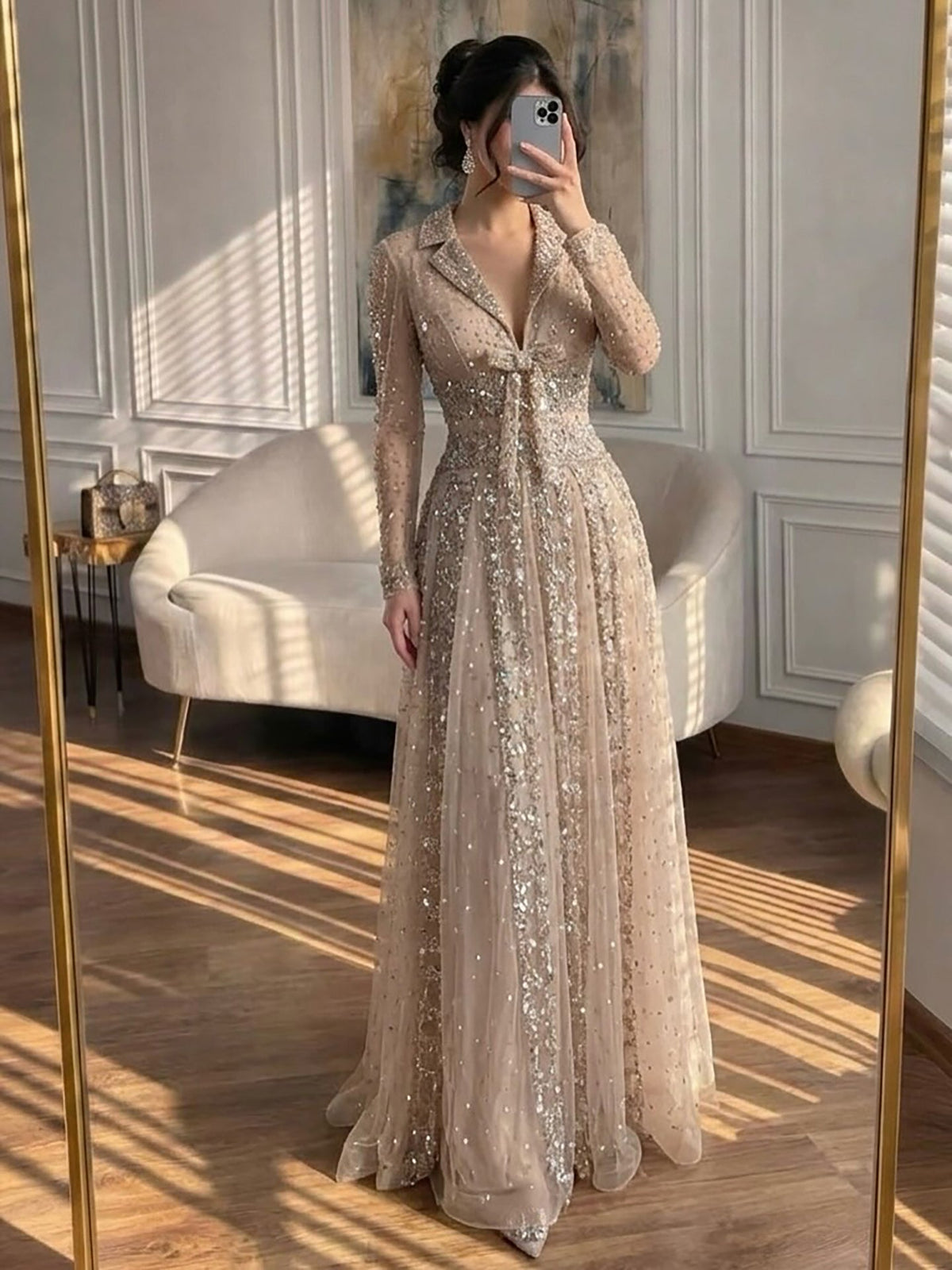 Luxury Caramel V Neck Beaded Bow A Line Evening Gown LA73663