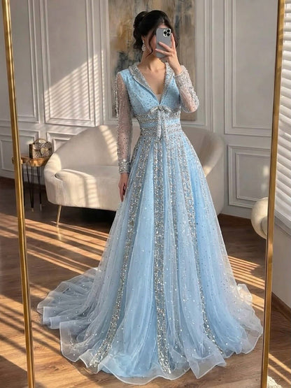 Luxury Caramel V Neck Beaded Bow A Line Evening Gown LA73663
