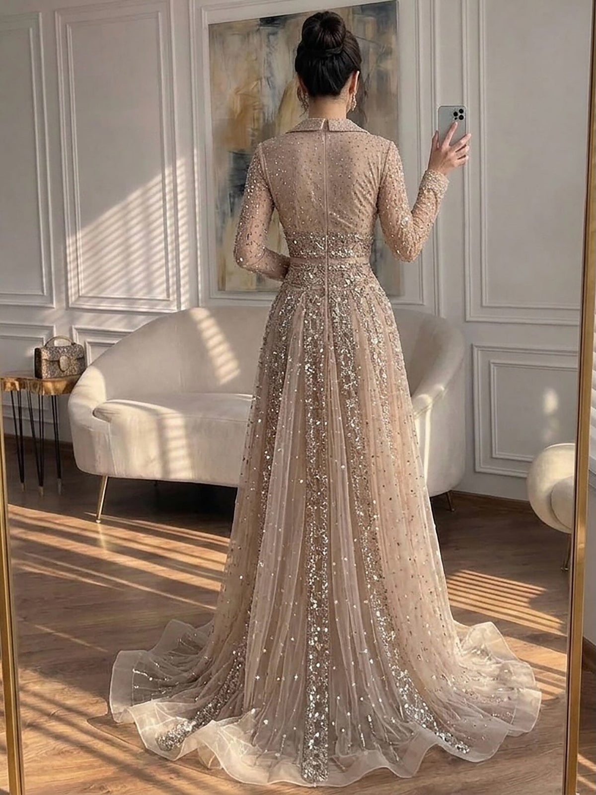 Luxury Caramel V Neck Beaded Bow A Line Evening Gown LA73663