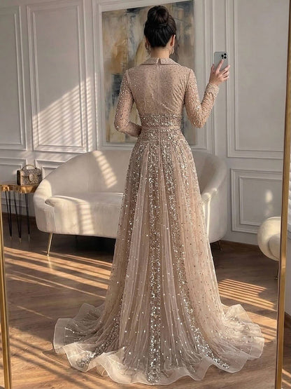 Luxury Caramel V Neck Beaded Bow A Line Evening Gown LA73663