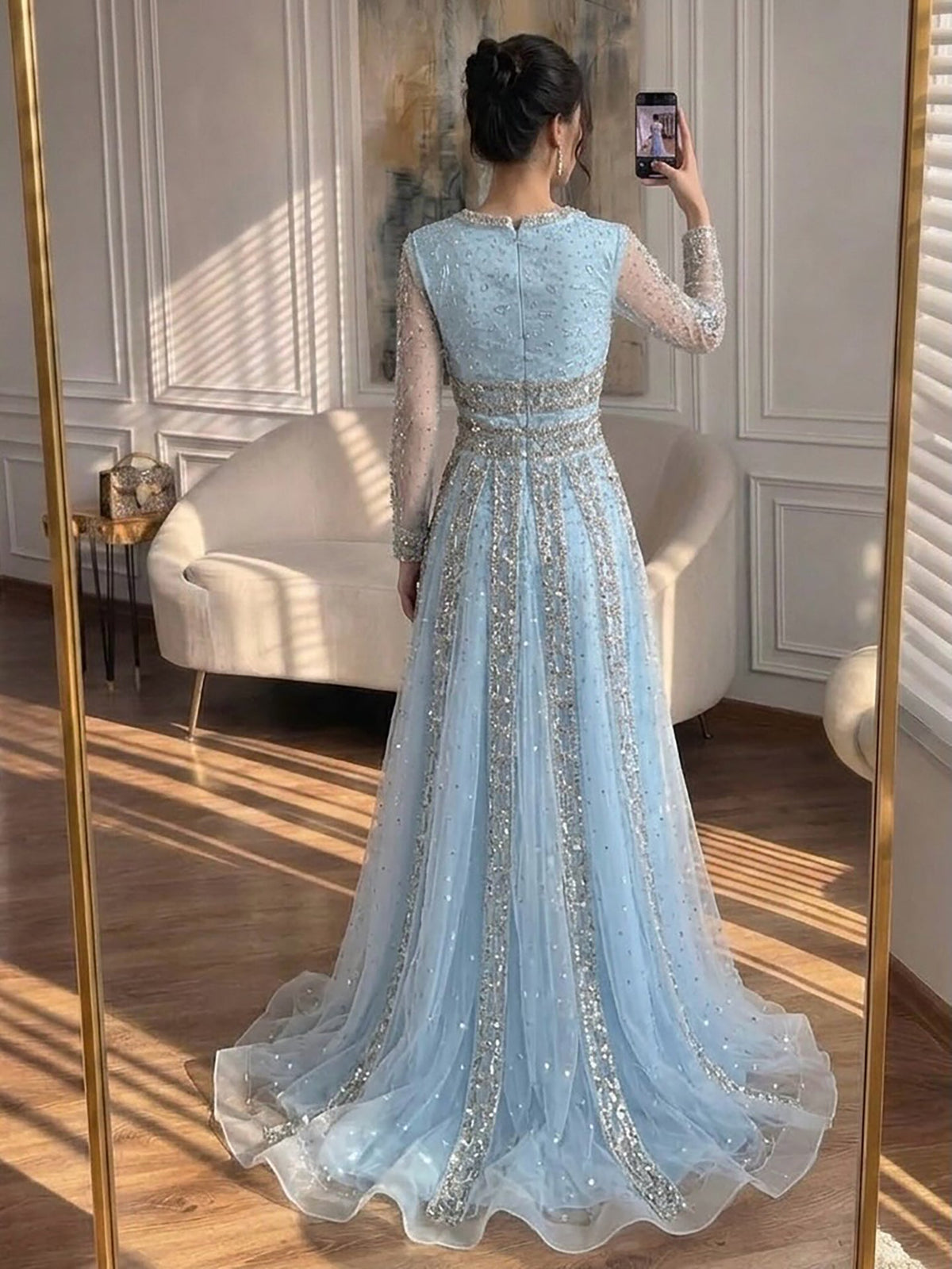 Luxury Caramel V Neck Beaded Bow A Line Evening Gown LA73663