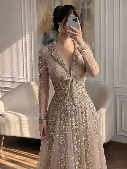Luxury Caramel V Neck Beaded Bow A Line Evening Gown LA73663