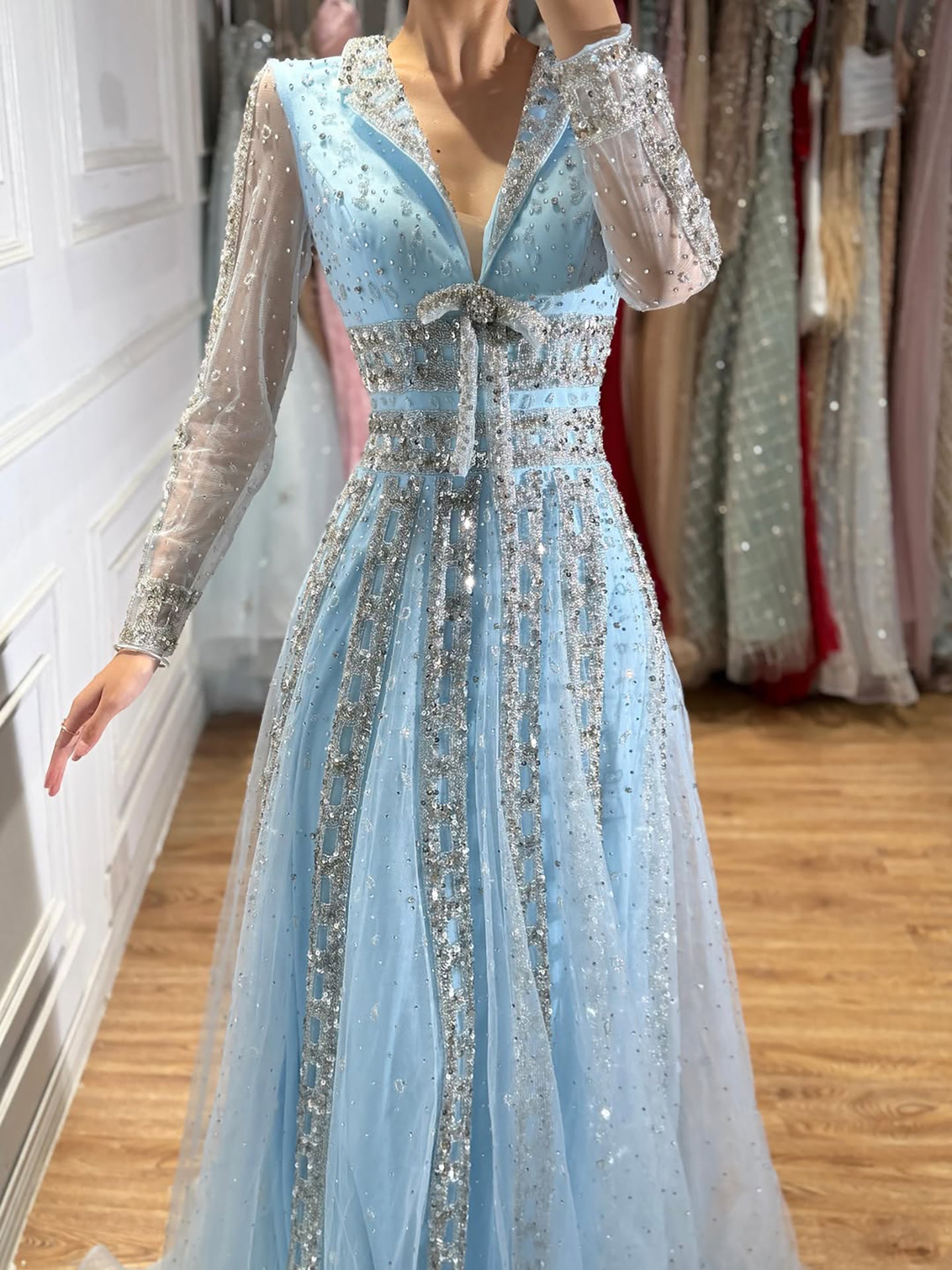 Luxury Caramel V Neck Beaded Bow A Line Evening Gown LA73663
