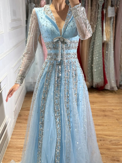 Luxury Caramel V Neck Beaded Bow A Line Evening Gown LA73663