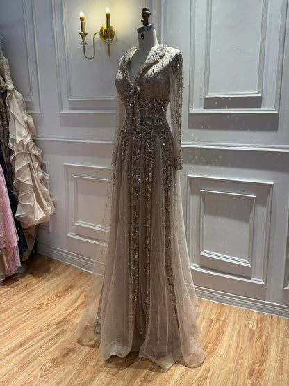 Luxury Caramel V Neck Beaded Bow A Line Evening Gown LA73663