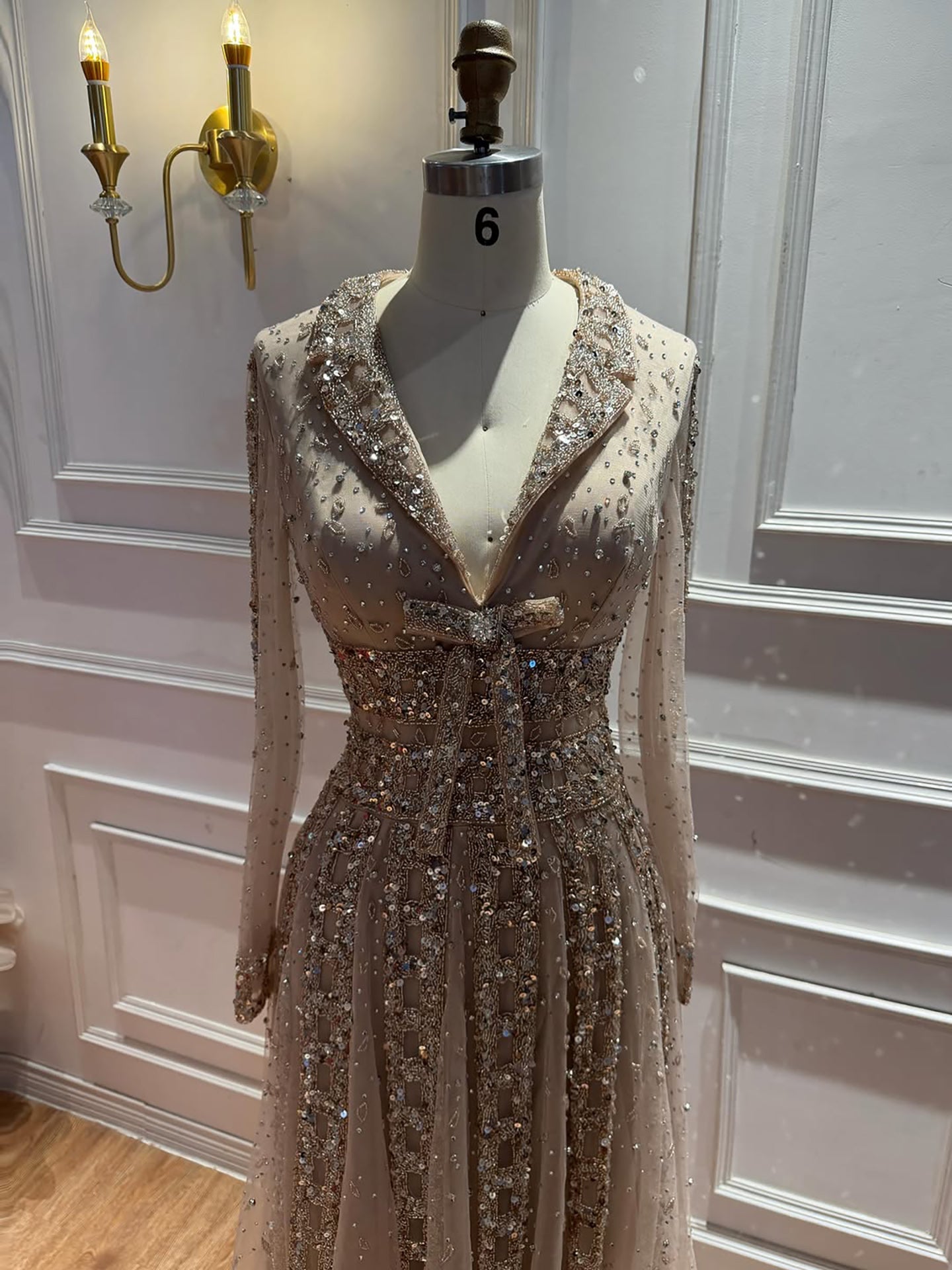 Luxury Caramel V Neck Beaded Bow A Line Evening Gown LA73663