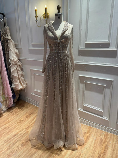 Luxury Caramel V Neck Beaded Bow A Line Evening Gown LA73663