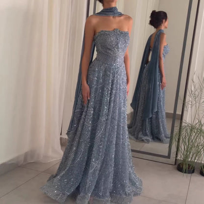 Elegant Blue Beaded A-Line Strapless Evening Dress with Scarf LA73668