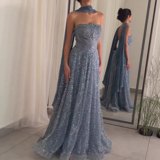 Elegant Blue Beaded A-Line Strapless Evening Dress with Scarf LA73668