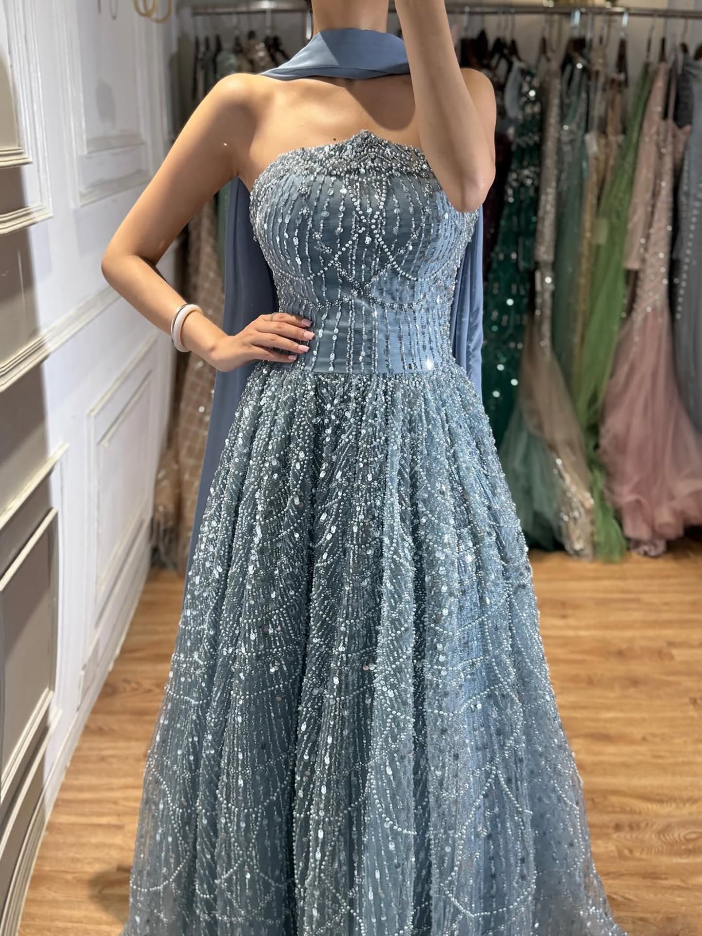 Elegant Blue Beaded A-Line Strapless Evening Dress with Scarf LA73668