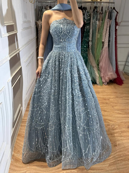 Elegant Blue Beaded A-Line Strapless Evening Dress with Scarf LA73668
