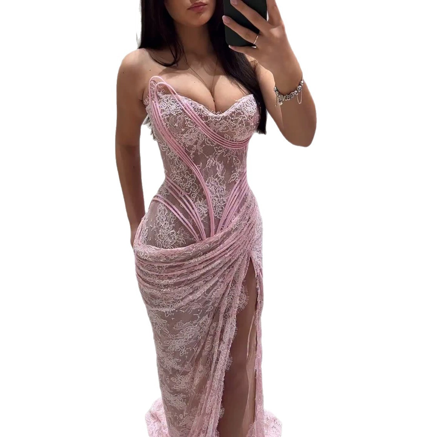 Luxury Pink Lace Corset Mermaid Slit Evening Dress LA73373A