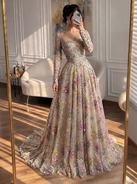Luxury Nude Pink Colorful Floral Sequin Embroidered A-Line Dress LA73670