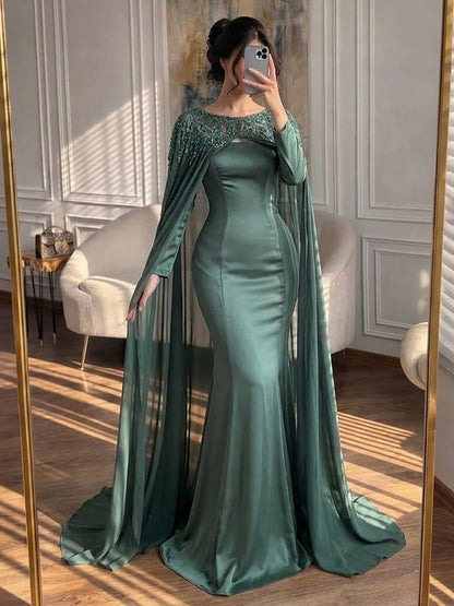 Luxury Green Beaded Cape Long Sleeve Satin Mermaid Dress LA73683