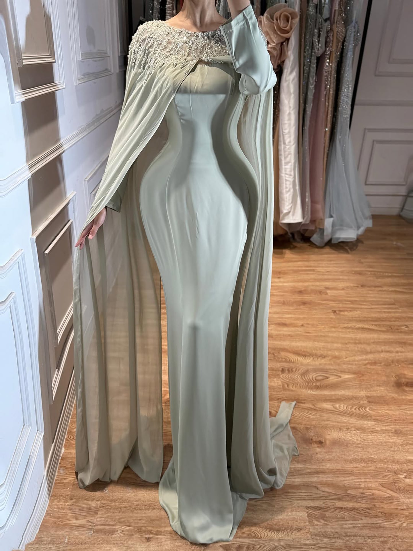 Luxury Green Beaded Cape Long Sleeve Satin Mermaid Dress LA73683