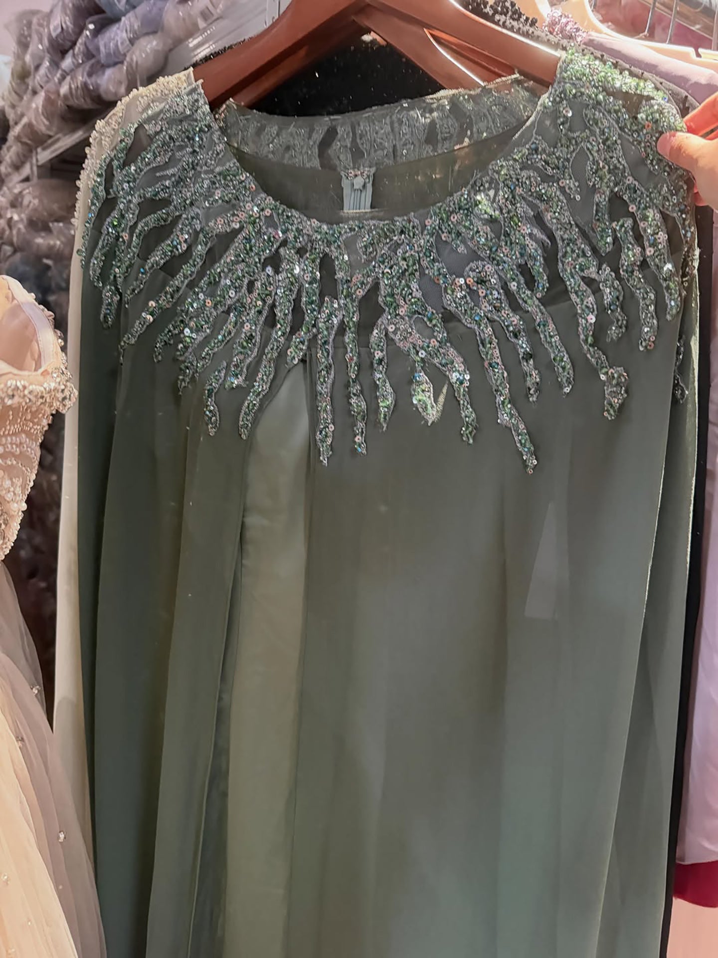 Luxury Green Beaded Cape Long Sleeve Satin Mermaid Dress LA73683