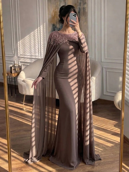 Luxury Green Beaded Cape Long Sleeve Satin Mermaid Dress LA73683