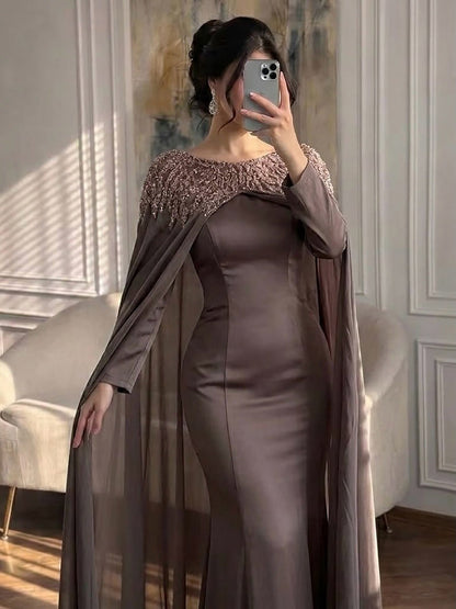 Luxury Green Beaded Cape Long Sleeve Satin Mermaid Dress LA73683