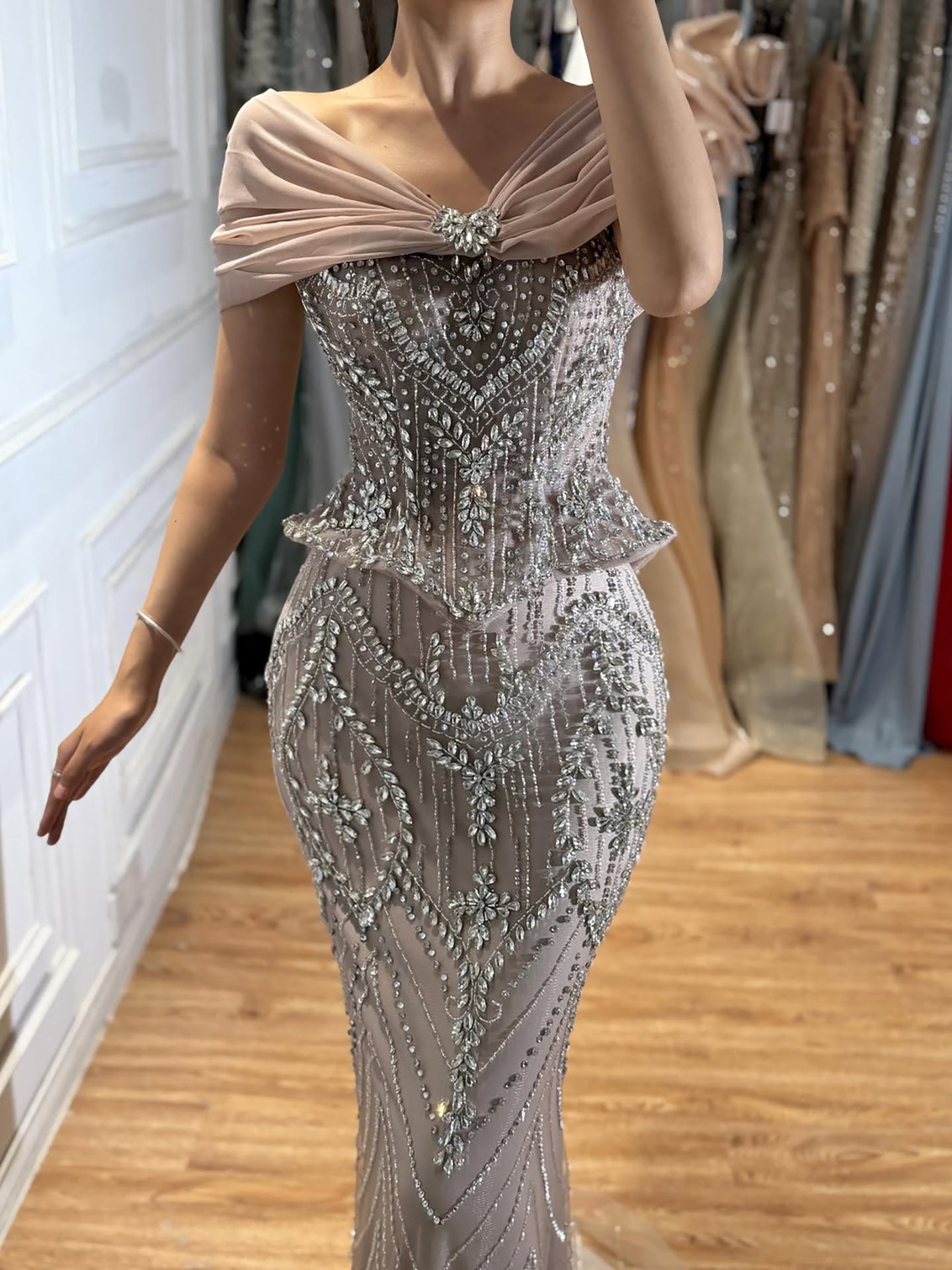 Luxury Nude Crystal Beaded Mermaid Evening Dress LA73686