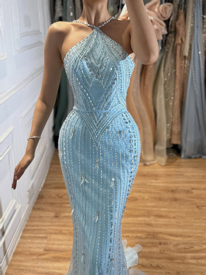 Luxury Gold Halter Crystal Beaded Mermaid Evening Dress with Bow LA73687