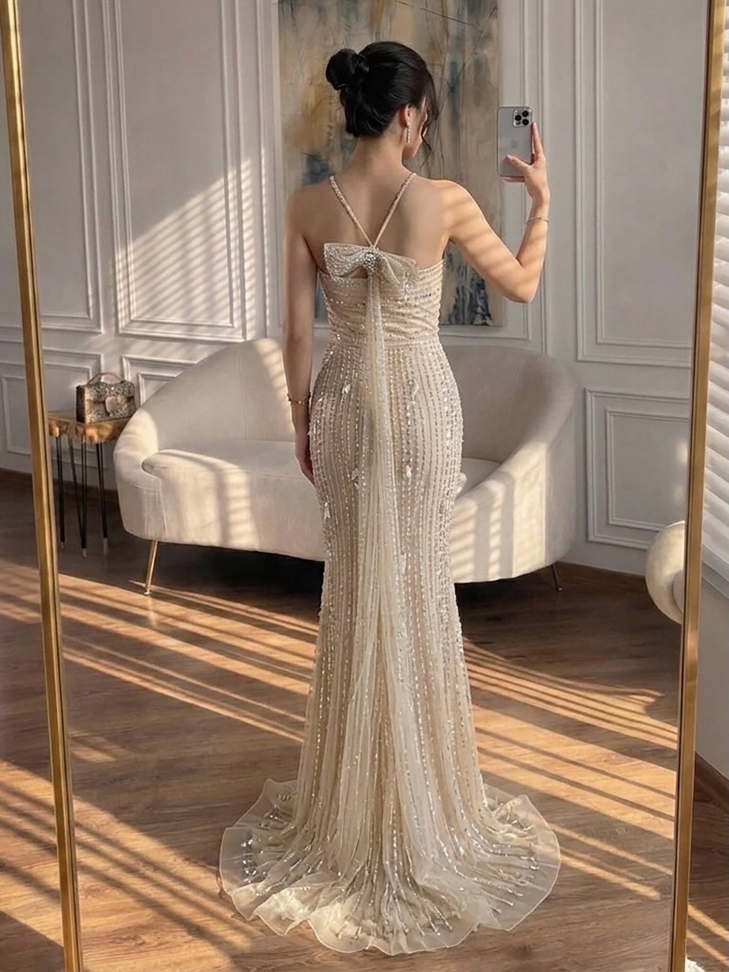 Luxury Gold Halter Crystal Beaded Mermaid Evening Dress with Bow LA73687
