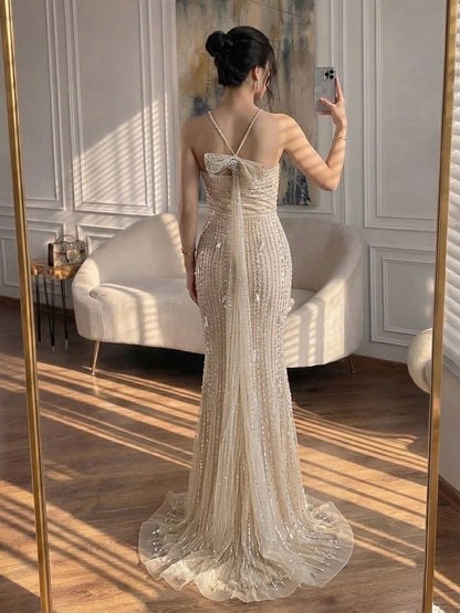 Luxury Gold Halter Crystal Beaded Mermaid Evening Dress with Bow LA73687