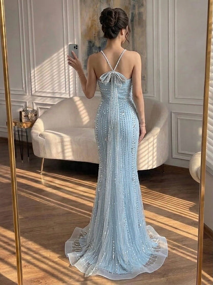 Luxury Gold Halter Crystal Beaded Mermaid Evening Dress with Bow LA73687