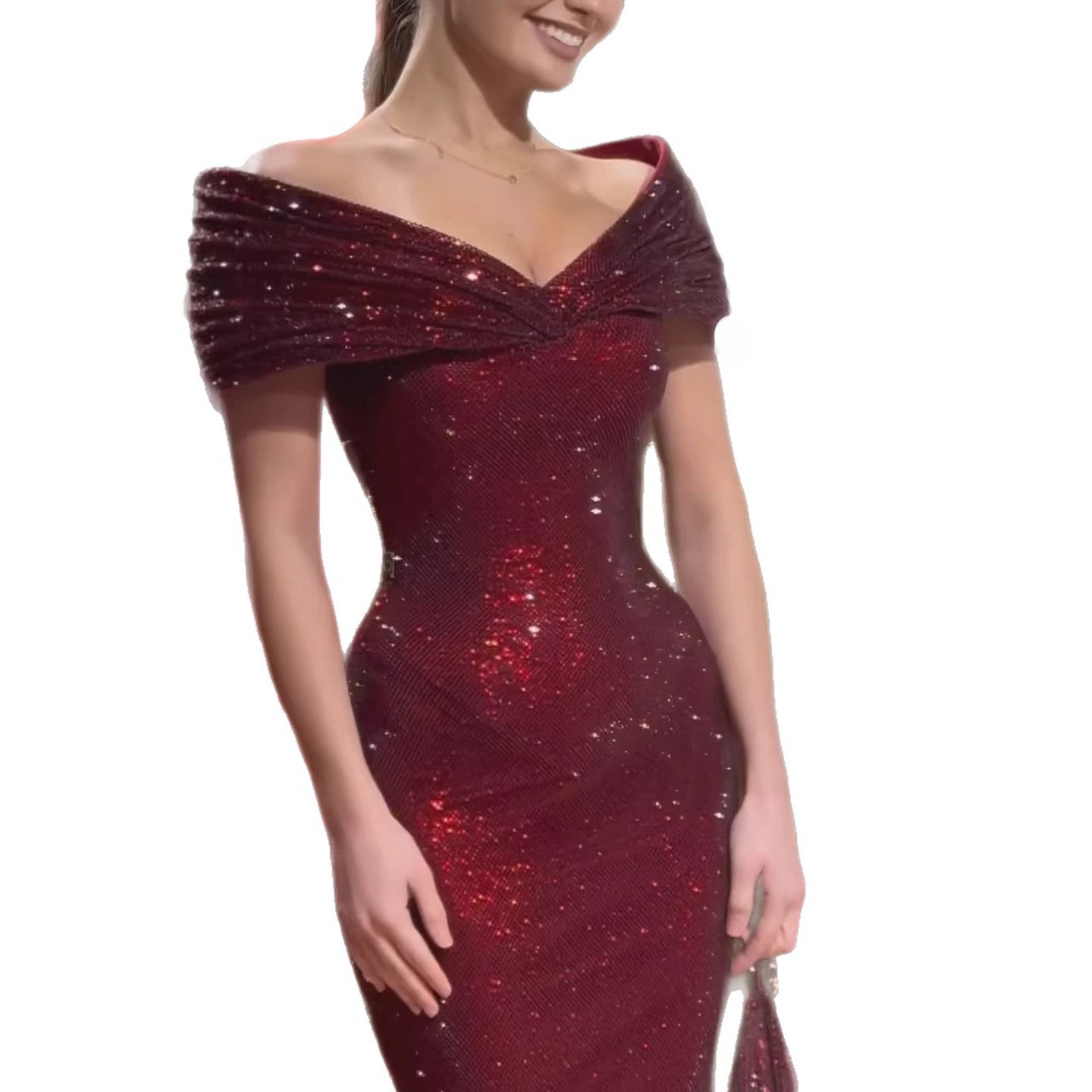 Wine Red Off Shoulder Mermaid Sparkly Evening Dress LA73689