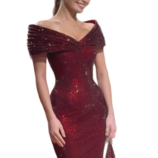 Wine Red Off Shoulder Mermaid Sparkly Evening Dress LA73689