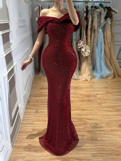 Wine Red Off Shoulder Mermaid Sparkly Evening Dress LA73689